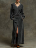 Stylish Retro Striped Ribbed Top & Slit Maxi Skirt Set - Comfortable & Versatile Outfit