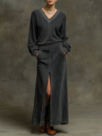 Stylish Retro Striped Ribbed Top & Slit Maxi Skirt Set - Comfortable & Versatile Outfit