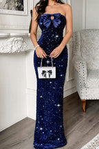 Bluing Satin Bow Decor Sequin Strapless Long Party Dress