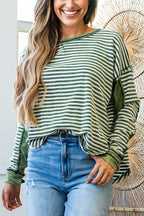 Green Stripe Thermal Knit Drop Shoulder Casual Top