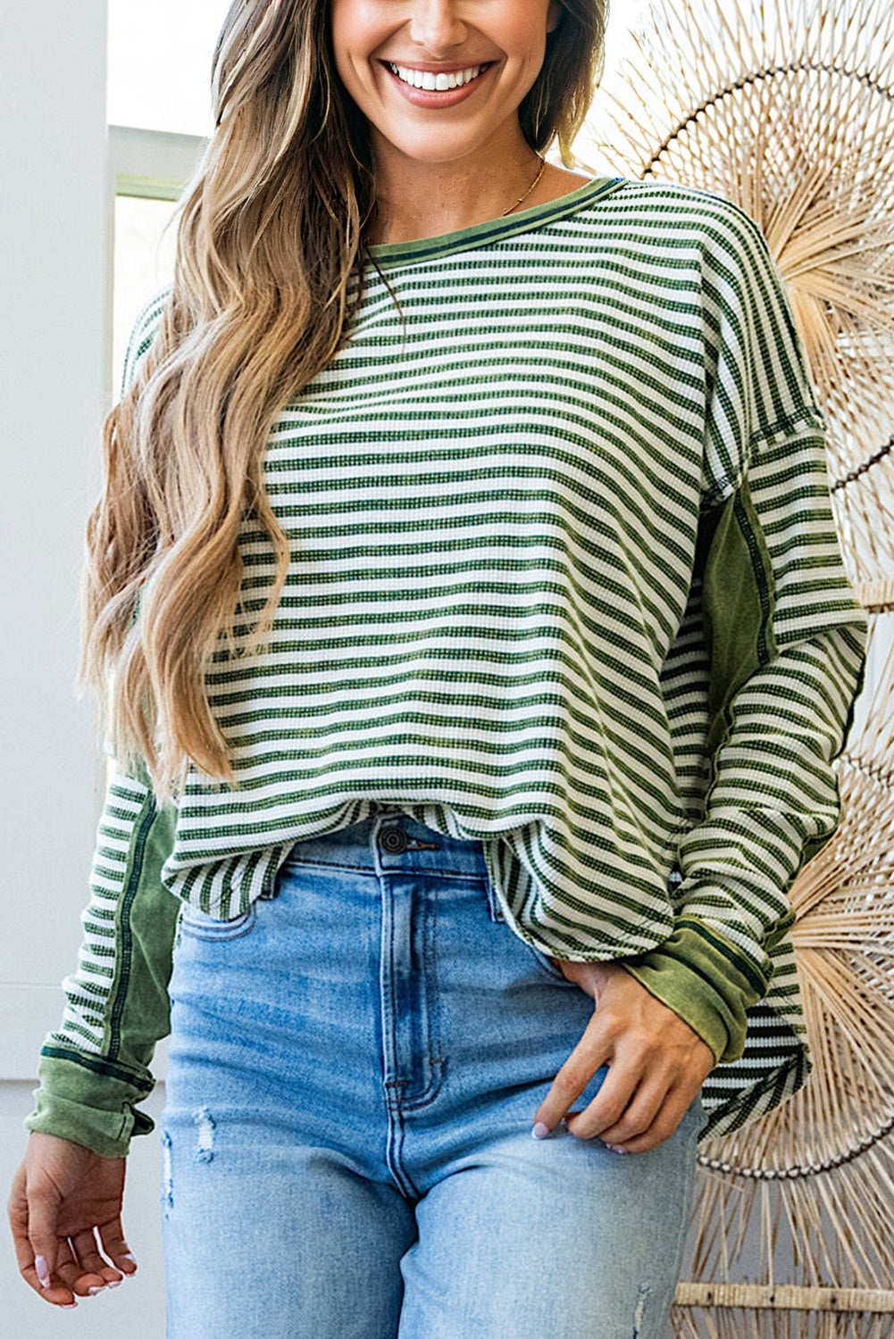 Green Stripe Thermal Knit Drop Shoulder Casual Top
