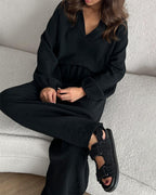 Autumn Casual V-Neck Two-Piece Set for Women - Comfortable Polyester Loungewear