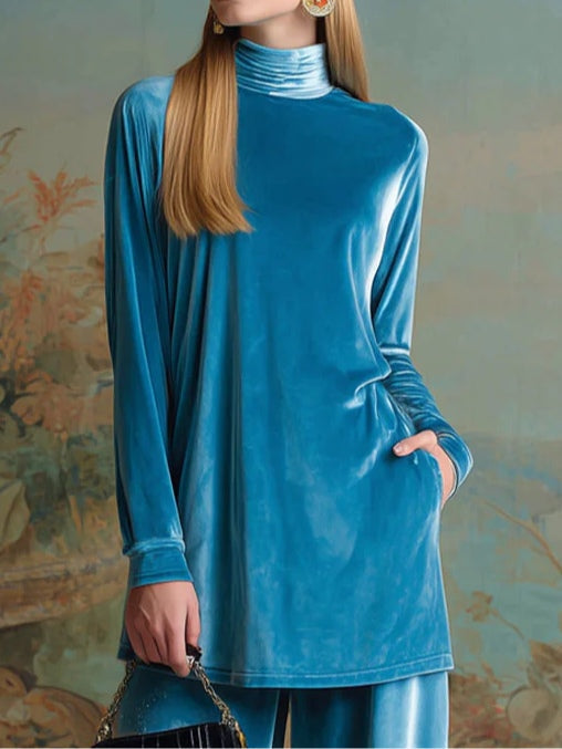 Elegant High-Neck Blue Velvet Loose Casual Set for All Body Types