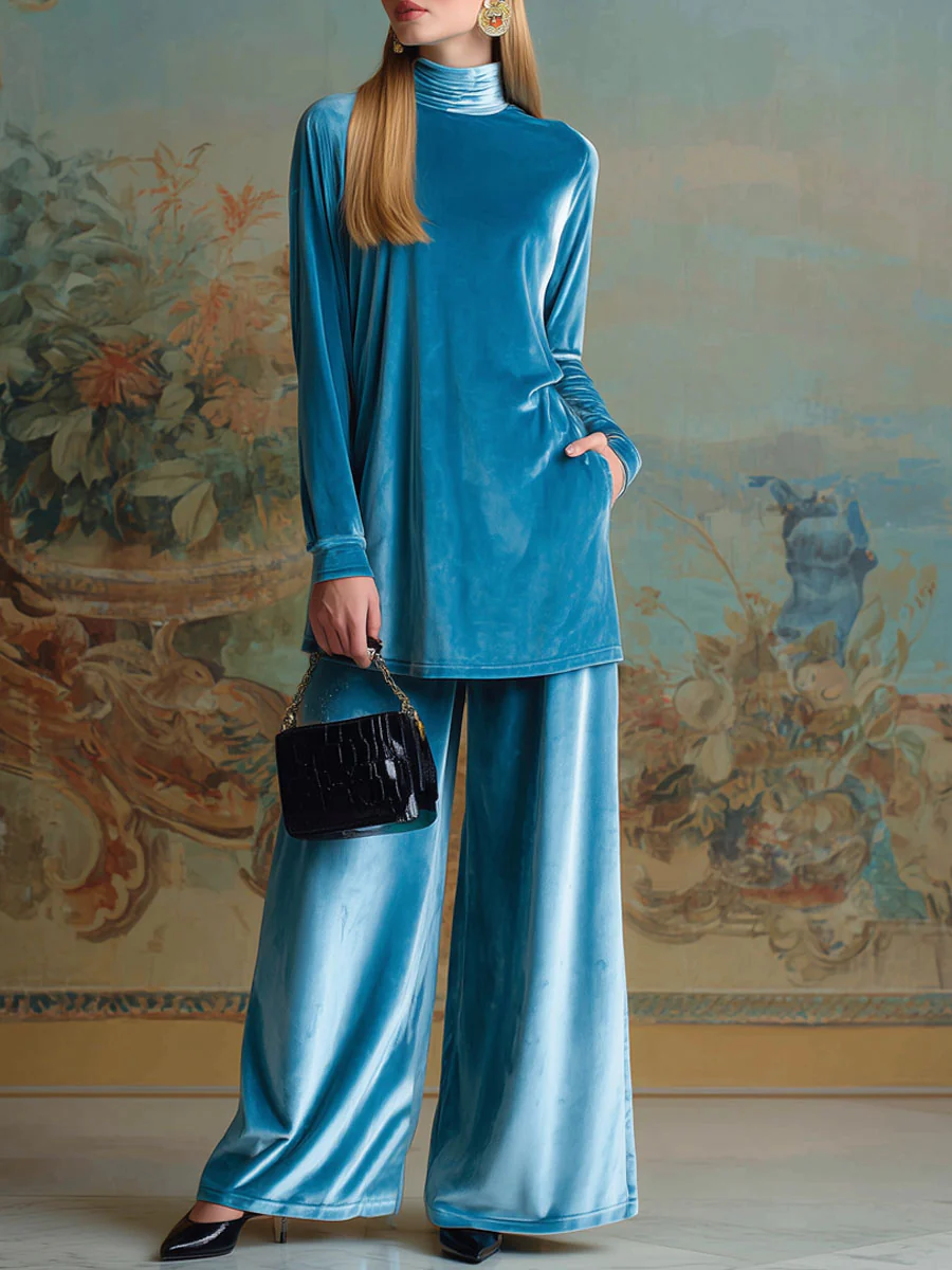 Elegant High-Neck Blue Velvet Loose Casual Set for All Body Types