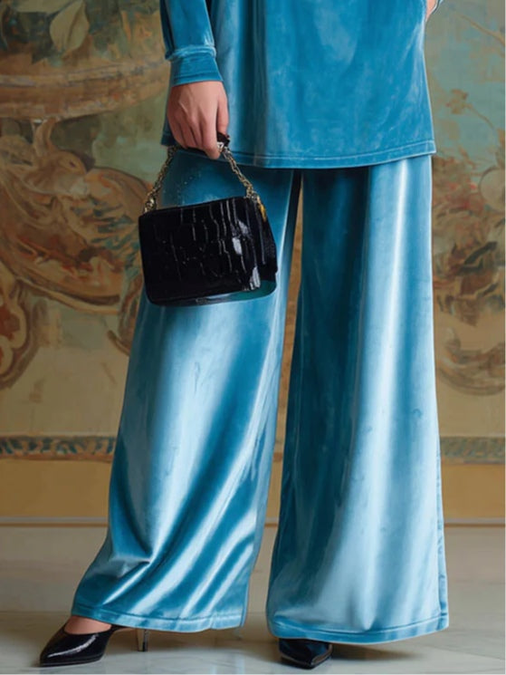 Elegant High-Neck Blue Velvet Loose Casual Set for All Body Types