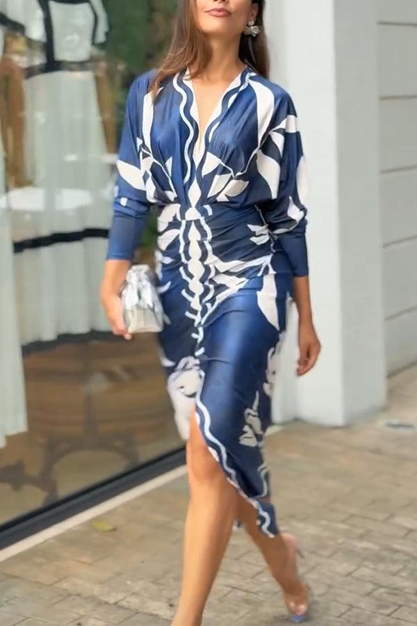 Unique Print Dolman Long Sleeve Ruched Slit Midi Dress for Women - Casual & Vacation Wear