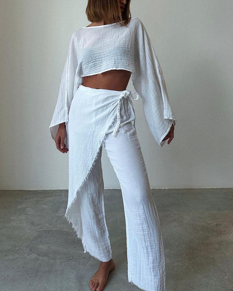 Woven Cotton and Linen Two-Piece Set with Lace-Up Detail