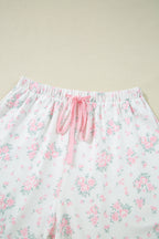 Women's Pink Floral Lettuce Trim Ribbed Tee and Shorts Lounge Set