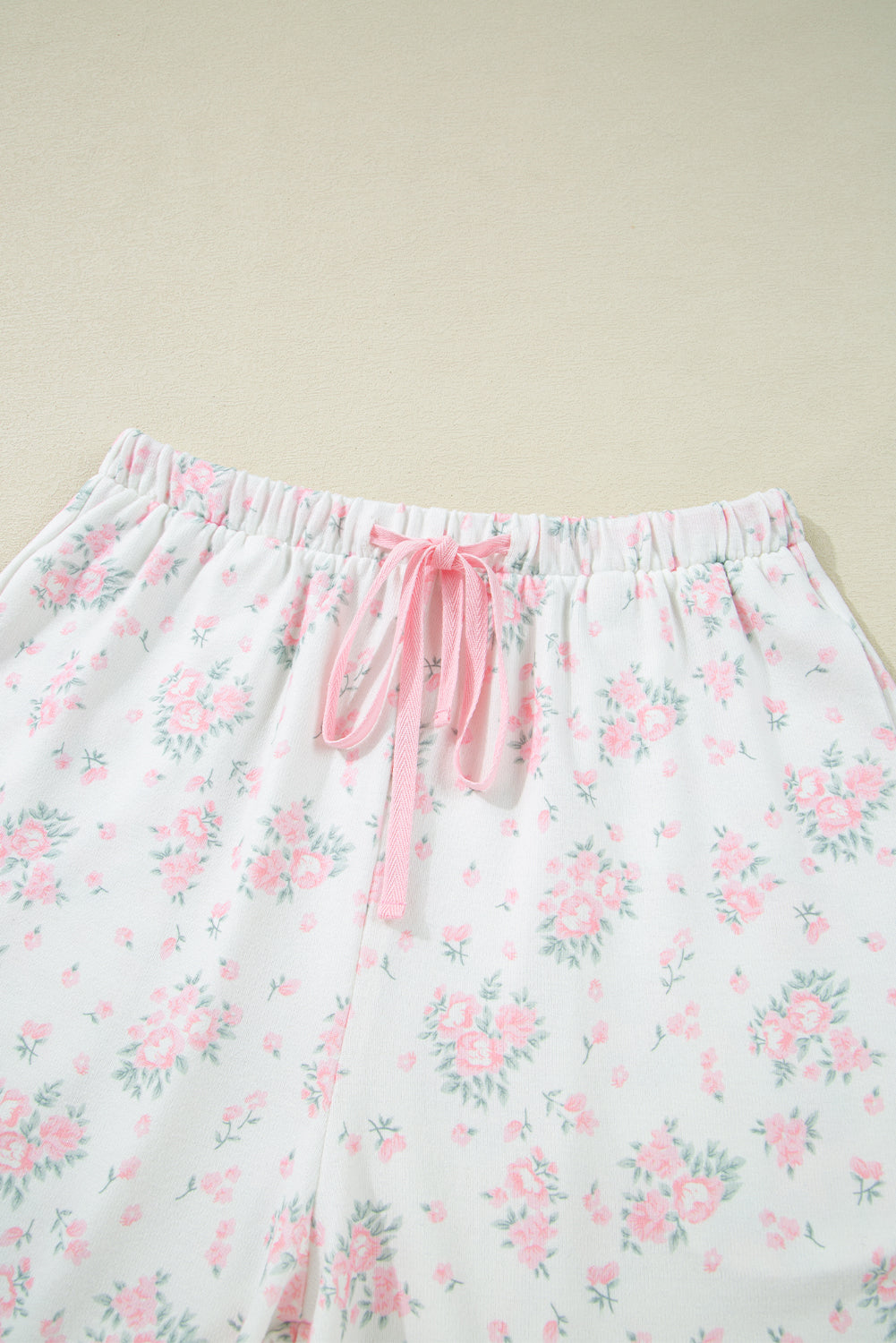 Women's Pink Floral Lettuce Trim Ribbed Tee and Shorts Lounge Set