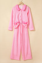 Pink Stripe Buttoned Front Long Sleeve Top and Pants 2 Piece Sleepwear