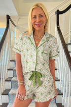 Green Floral Print Turn-down Collar Short Pajamas Set