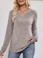 Ribbed Knit V-Neck Long Sleeve T-Shirt