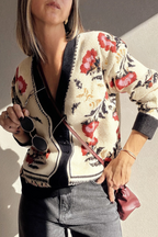 Beige Floral Print Buttoned Front V Neck Knit Cardigan