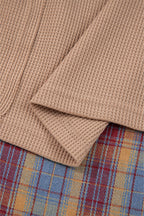 Straw Yellow Waffle Stripe Plaid Patchwork Henley Knit Top