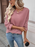 Striped Notched Long Sleeve T-Shirt