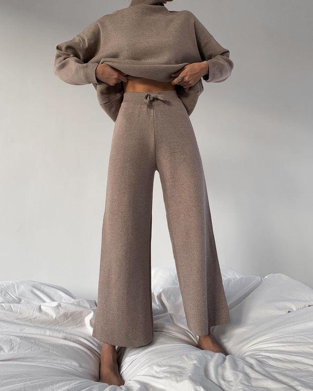 Chic Solid Color Loose Casual Knitted Two-Piece Suit - Long Sleeve Top & Pants Set