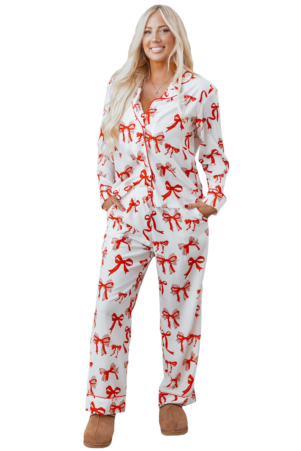 Festive Red Bow Print Long Sleeve 2-Piece Pajama Set for Christmas