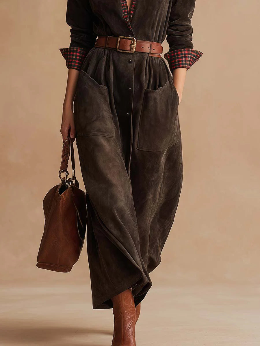 Women's Retro Dark Brown Suede Patchwork Plaid Collared Dress with Belt