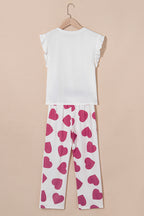 Women's Pink Ruffled Tank Top & Heart Print Pants Lounge Set - Comfortable & Stylish