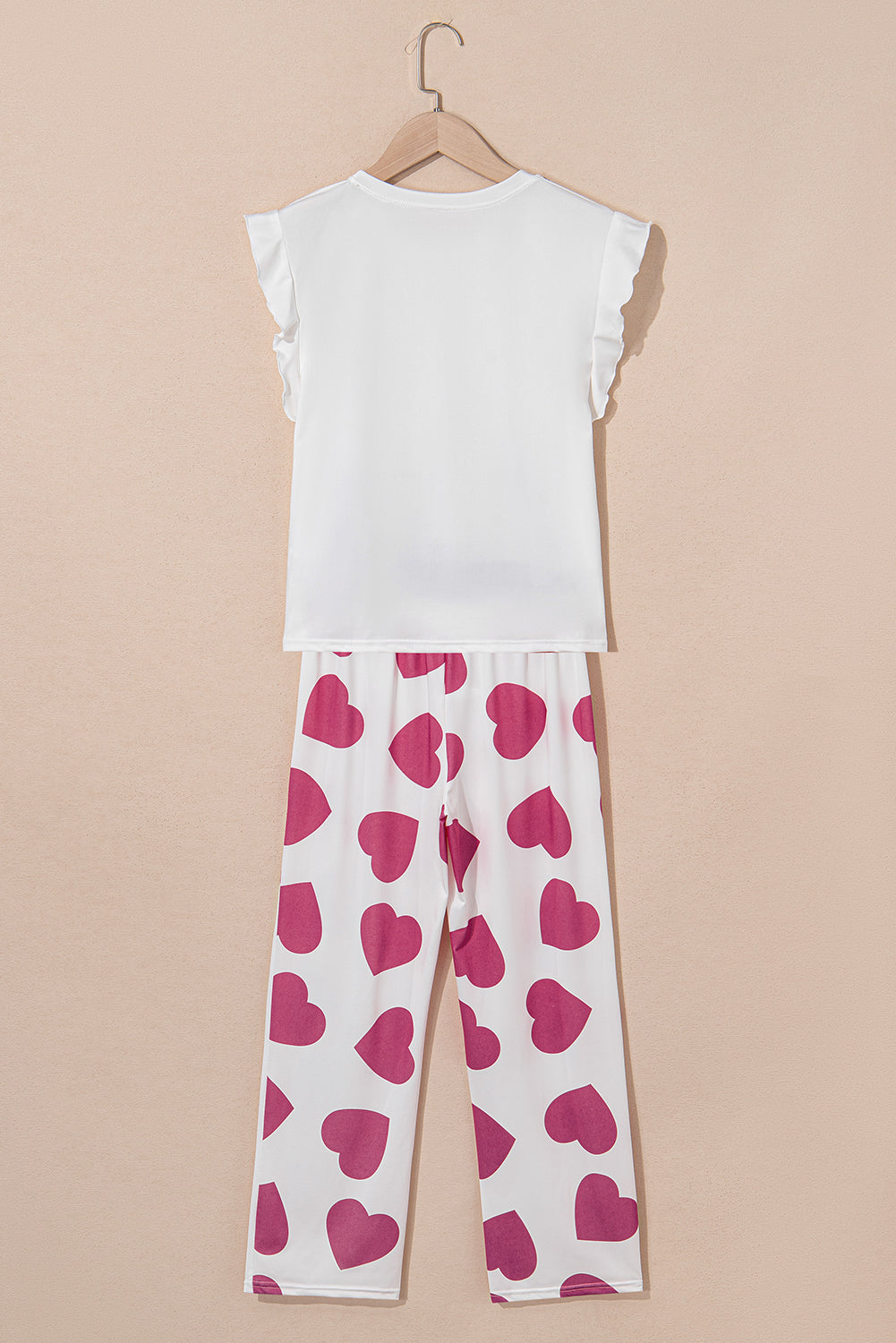 Women's Pink Ruffled Tank Top & Heart Print Pants Lounge Set - Comfortable & Stylish
