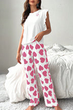 Women's Pink Ruffled Tank Top & Heart Print Pants Lounge Set - Comfortable & Stylish