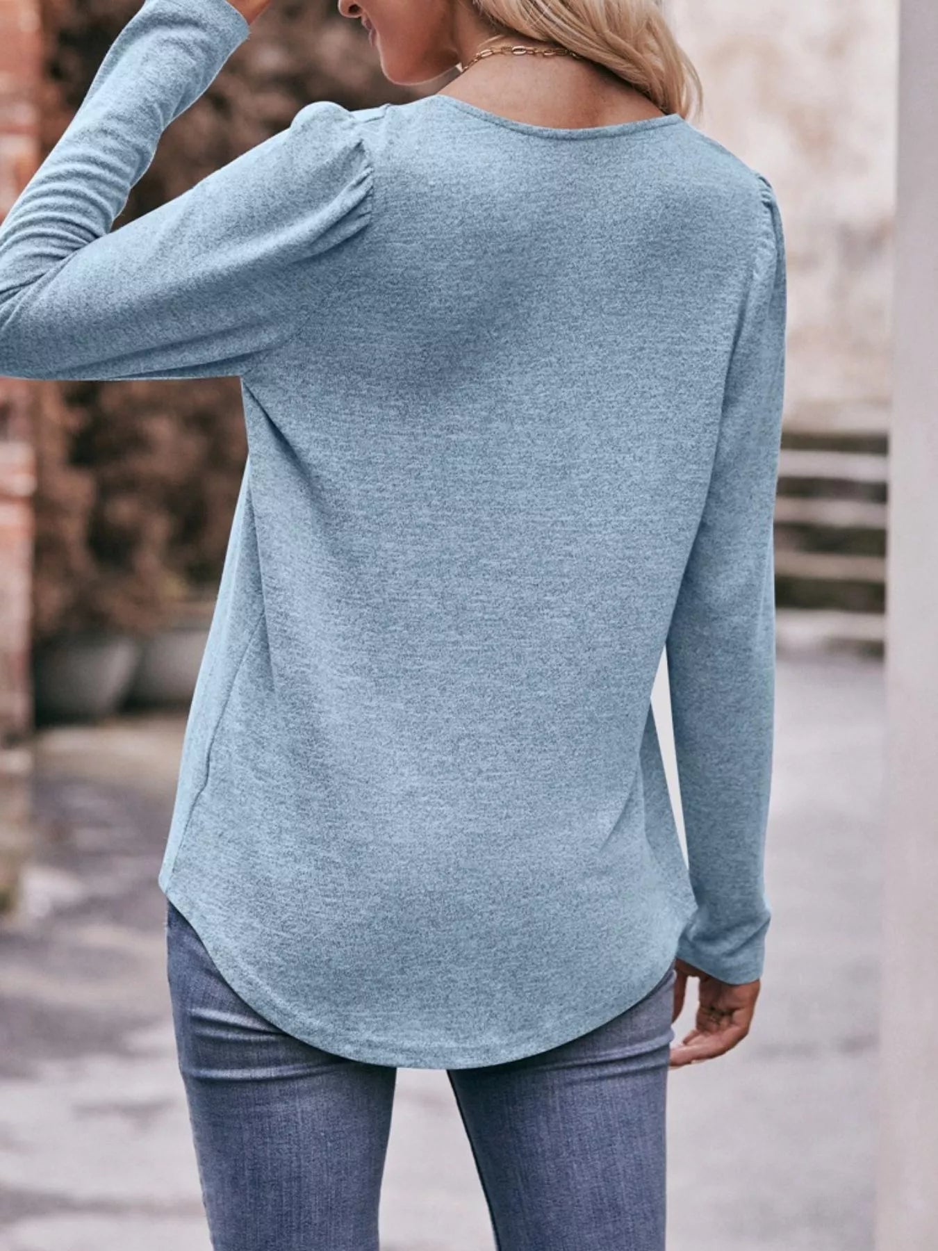Pleated Square Neck Long Sleeve T-Shirt