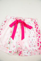 Pink Mixed Floral Print Contrast Piping Trim Satin Tie 2pcs Pajama Set