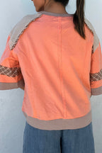 Grapefruit Orange Plaid Waffle Flower Patchwork Bracelet Sleeve Top