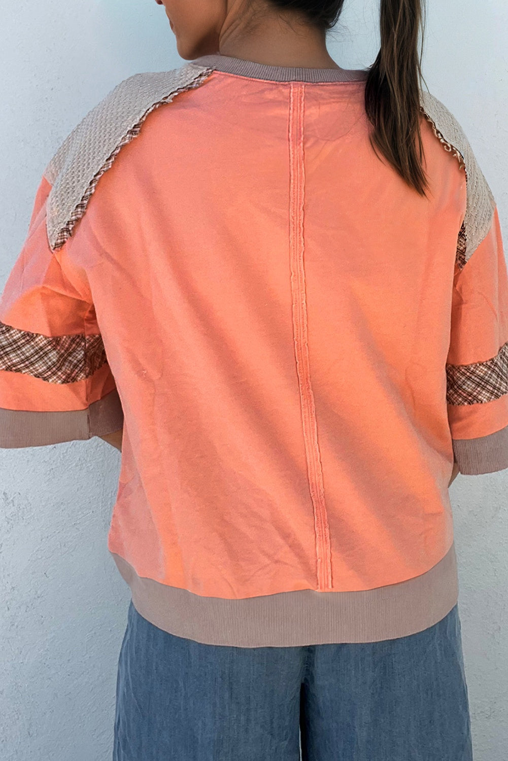 Grapefruit Orange Plaid Waffle Flower Patchwork Bracelet Sleeve Top