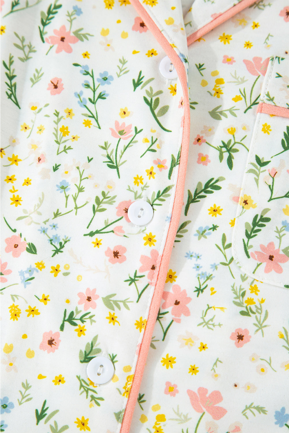 White Floral Print Contrast Pipping Short Pajamas Set