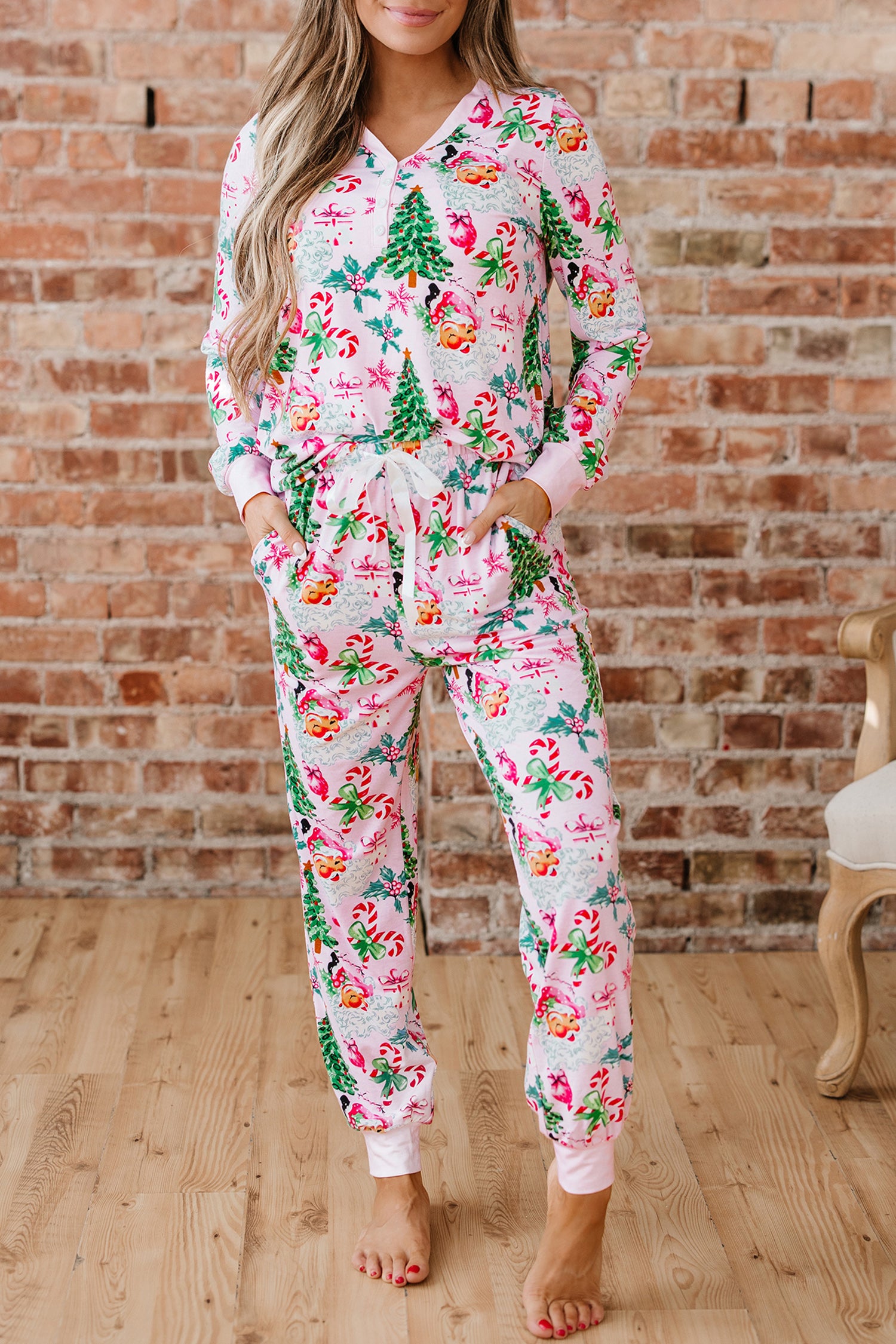 Festive Pink Christmas Pattern V-Neck Pullover & Drawstring Pants 2-Piece Lounge Set