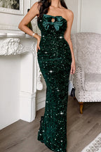 Blackish Green Satin Bow Decor Sequin Strapless Long Party Dress