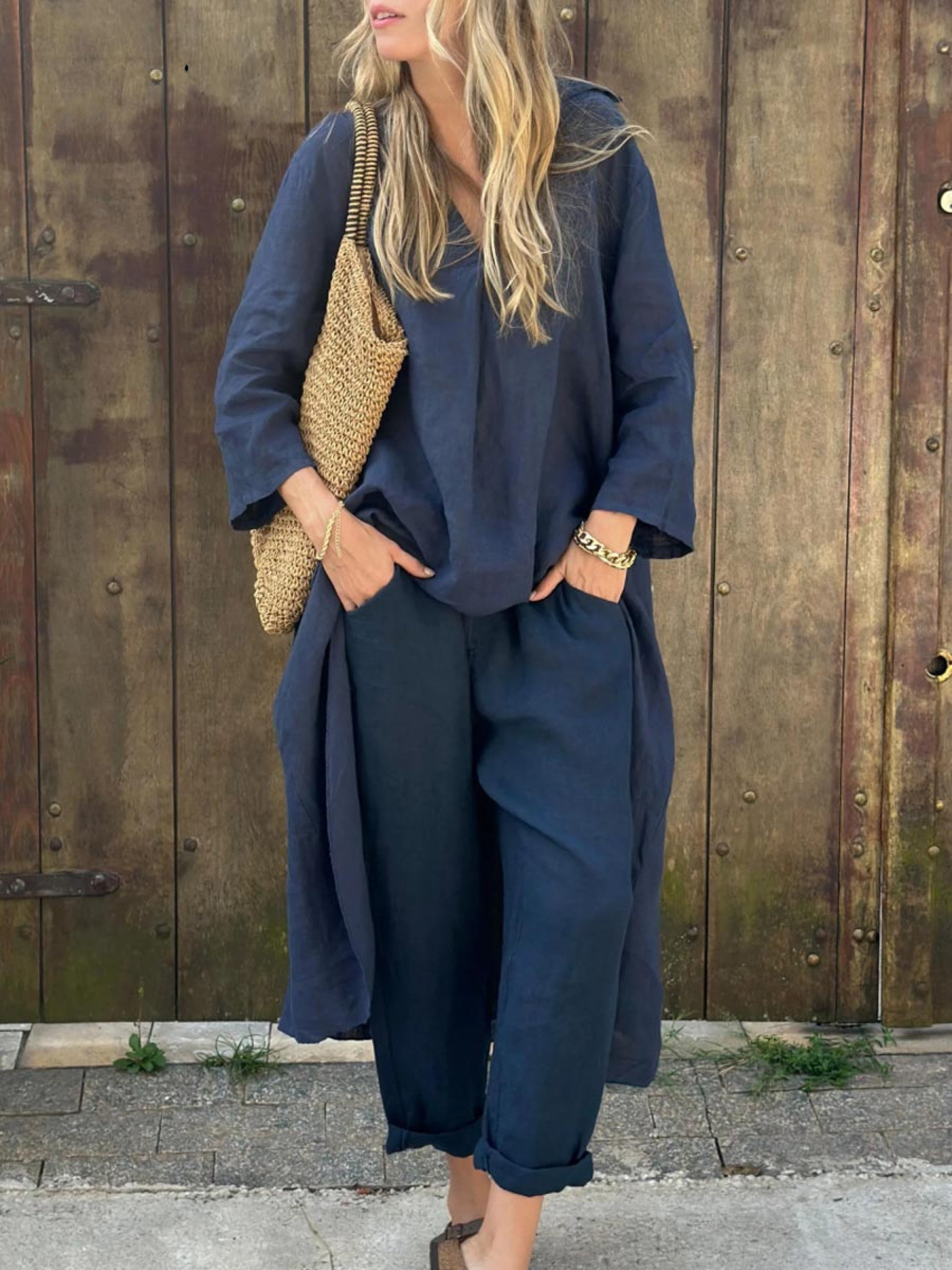 Women's Linen Blend V-Neck Long Sleeve Loose Top & High-Waisted Wide-Leg Pants Set - Perfect for Spring Casual Wear