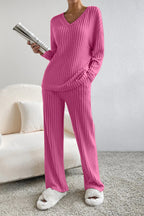 Women's Ribbed V-Neck Top and Pants Loungewear Set - Comfortable & Stylish