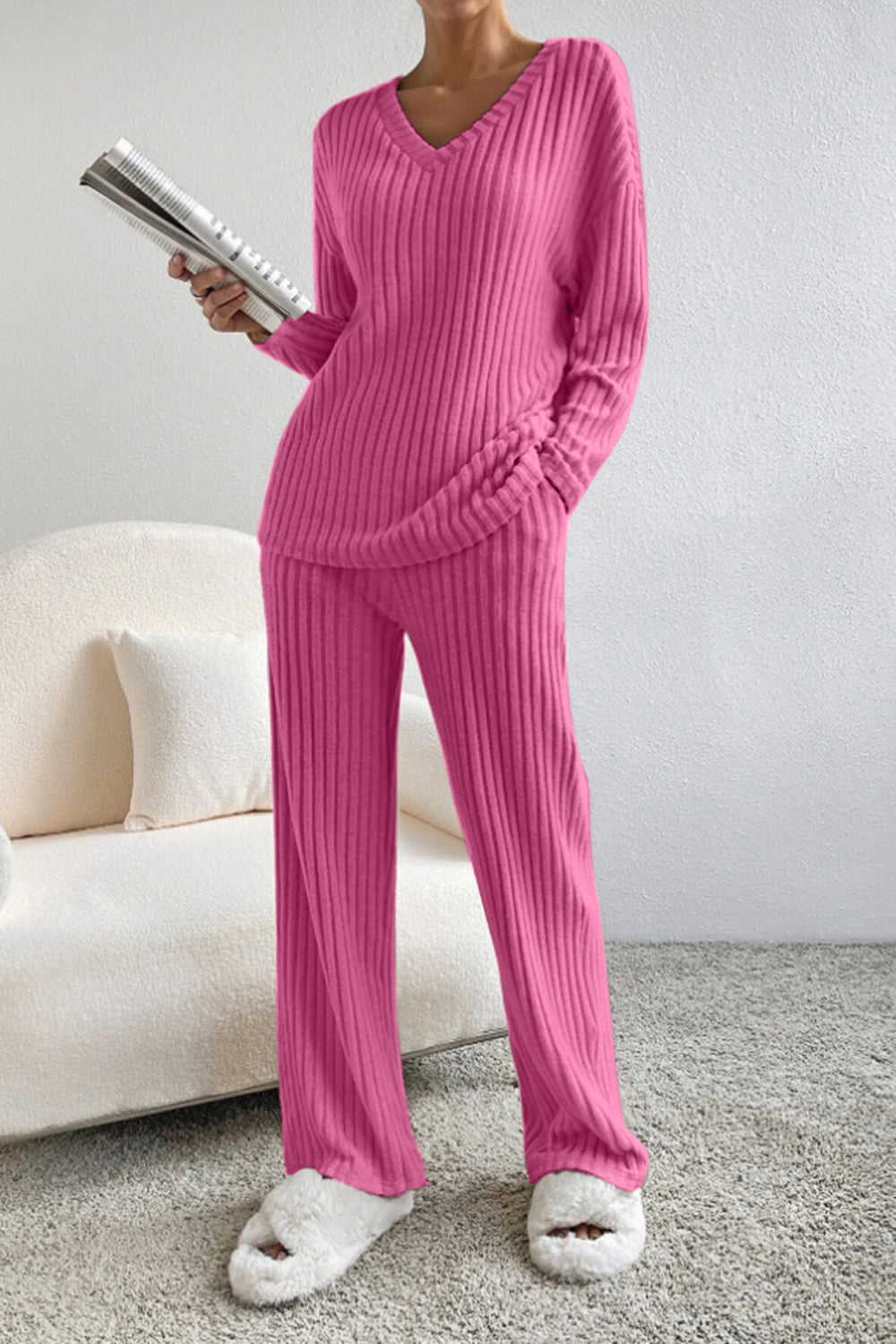 Women's Ribbed V-Neck Top and Pants Loungewear Set - Comfortable & Stylish