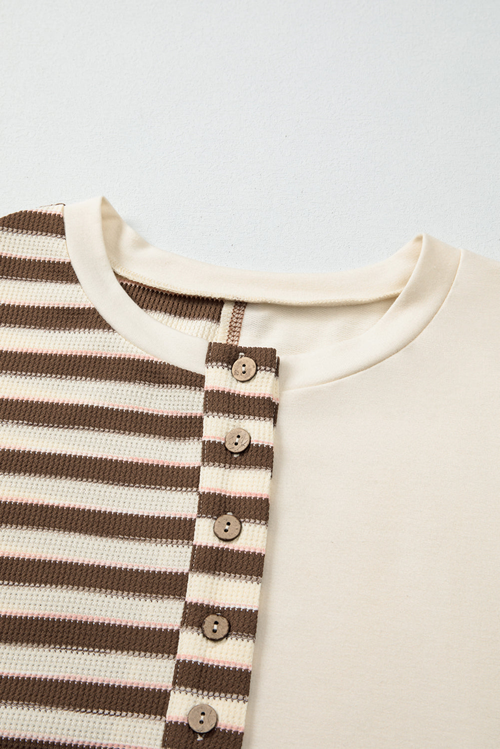 Khaki Stripe Stitched Detail Color Block Patchwork Oversized Pullover Top