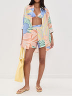 Playa Boyfriend Tropical Leaf Print Linen Blend Short Set for Summer Beachwear