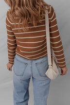 Chestnut Tie Front Striped Knit V Neck Cardigan Sweater