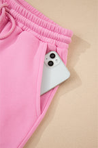 Strawberry Pink Color Block Pullover and Lace-up Elastic Waist Shorts Set