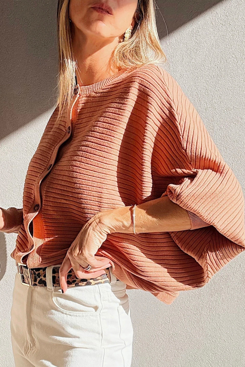 Apricot Pink Wide Rib Knit Button Front Dolman Sleeve Sweater Cardigan