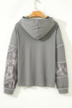 Gray Waffle Printed Patchwork Drawstring Hooded Long Sleeve Top