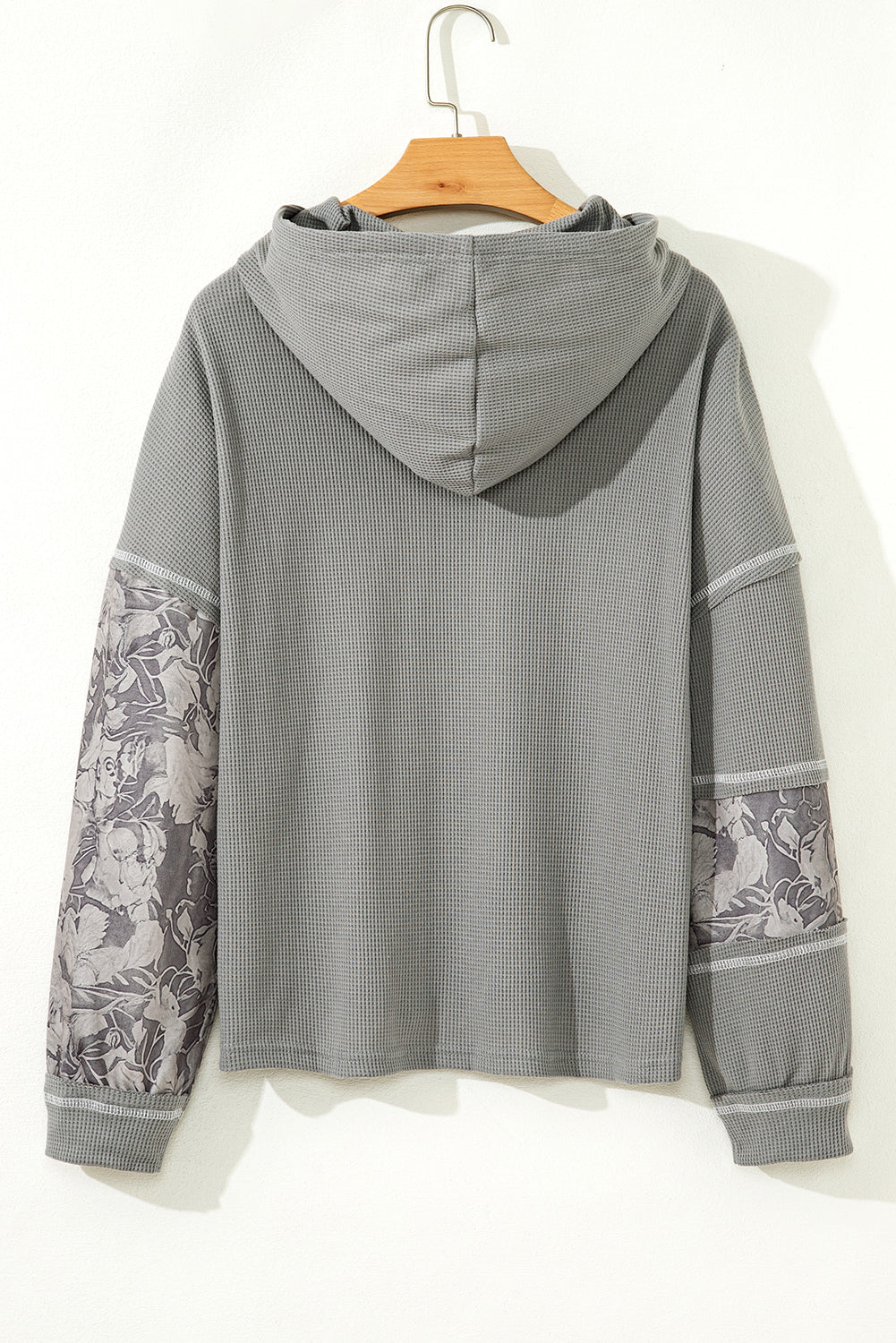 Gray Waffle Printed Patchwork Drawstring Hooded Long Sleeve Top