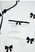 Elegant White Bows Print Two-Piece Sleepwear Set - Long Sleeve Collar Top & High Waist Pants