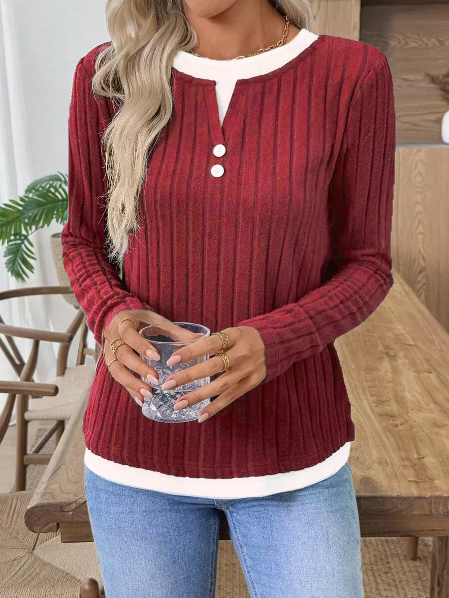 Ribbed Knit Long Sleeve Henley T-Shirt