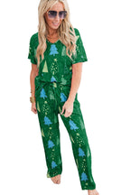 Festive Green Christmas Tree Print V-Neck Tee and Cozy Pants Lounge Set for Holidays