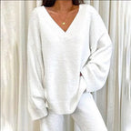 Elegant Solid Color V-Neck Two-Piece Set for Women - Casual & Fashionable