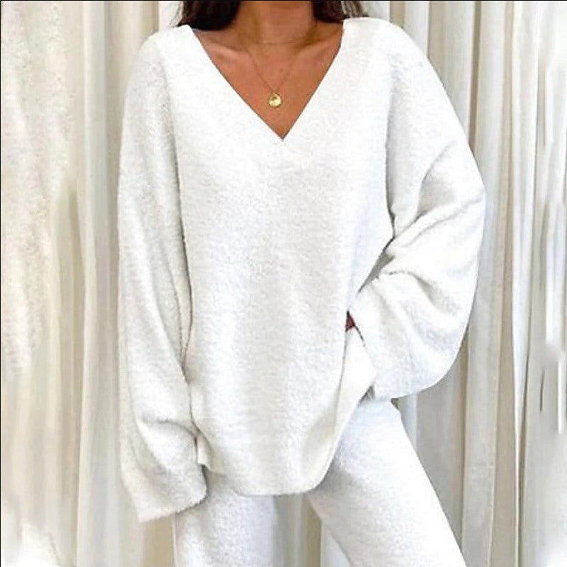 Elegant Solid Color V-Neck Two-Piece Set for Women - Casual & Fashionable