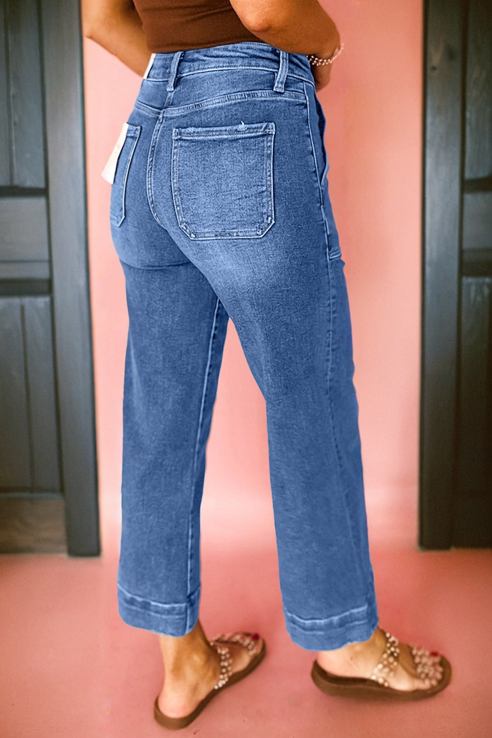 Sky Blue Cropped High Rise Wide Leg Jeans