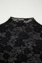Black Sheer Floral Lace Mesh Mock Neck Long Sleeve Top