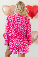Pink Flower Print Long Sleeve Shirt Shorts Pajamas Set